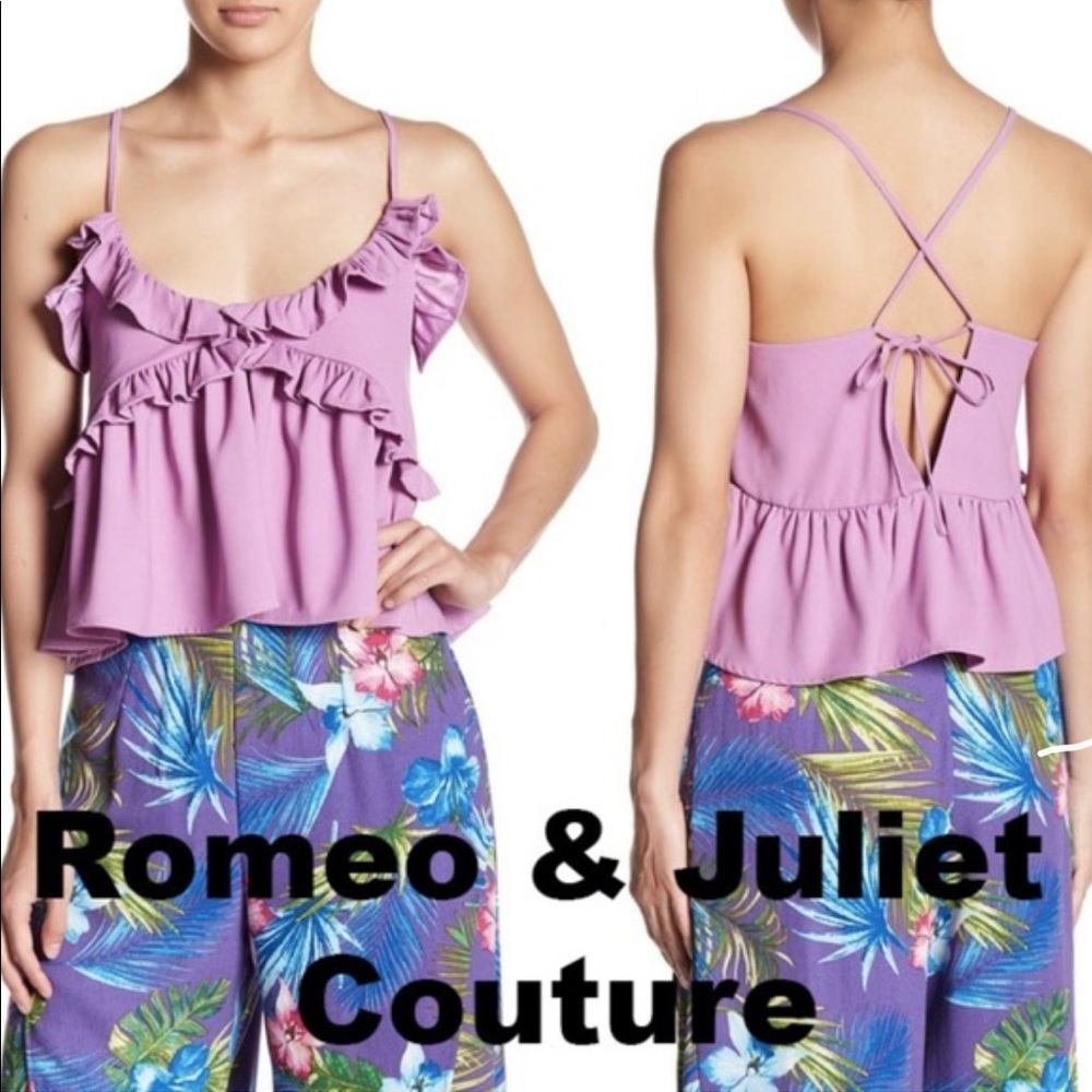Romeo & Juliet Couture lavender ruffled crop top with lace up back / M / EUC